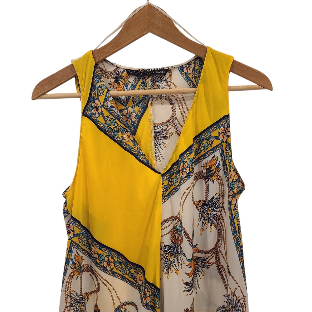 Zara Yellow Scarf Print Handkerchief Hem Midi Dress Medium Lightweight‎ Flowy - Picture 3 of 8